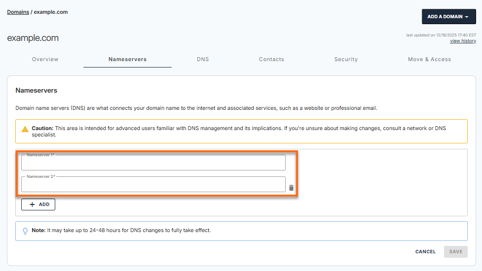 BH Portal - Domains Inpuut Nameservers