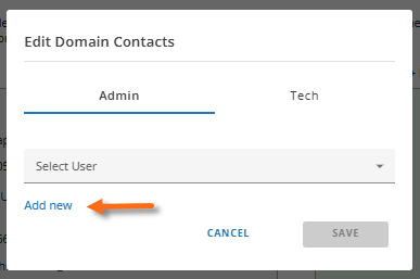Contacts tab - Manage Admin or Tech Contacts - Add new link