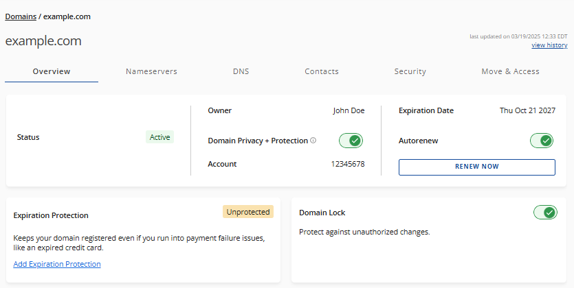Customer Portal - Domains tab Interface