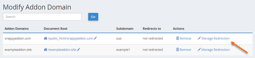 Addon Domains - Manage Redirection