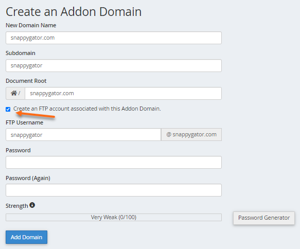 Addon domain - Create an FTP account