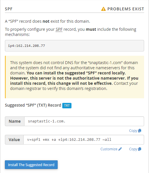cPanel - Email Deliverability - SPF section