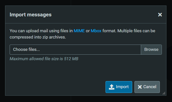Roundcube - Import messages pop-up window
