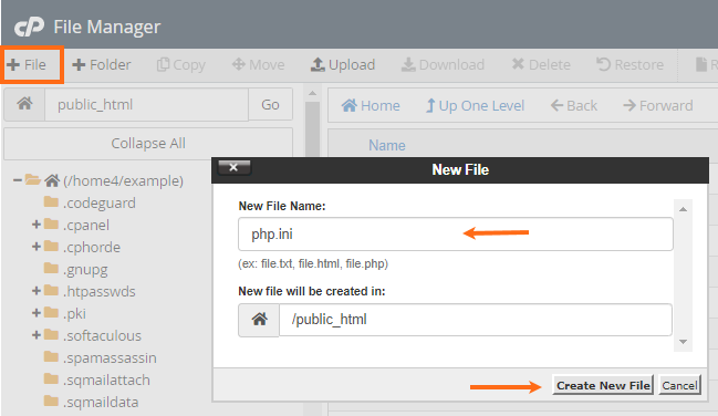 File Manager - Add New php.ini File