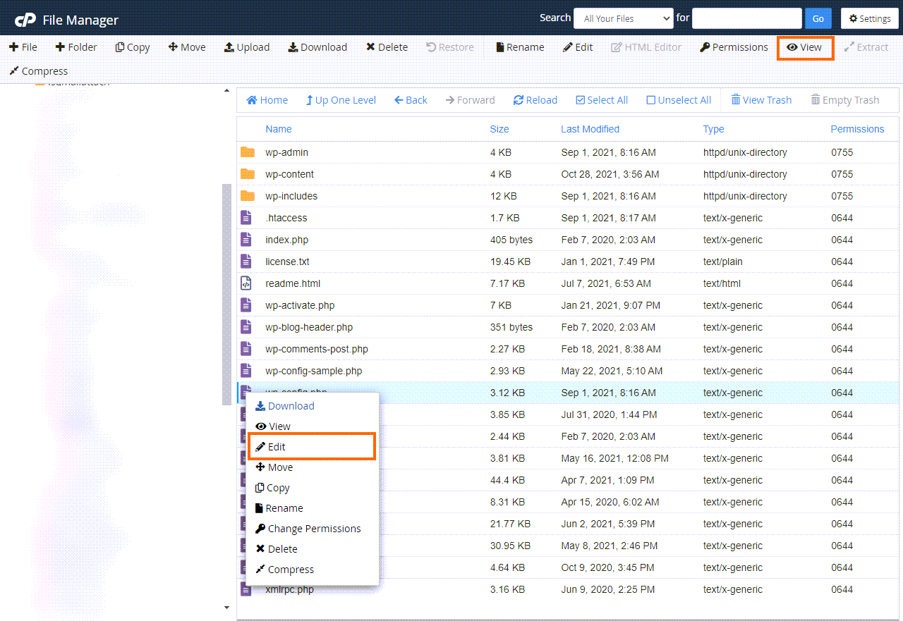 cPanel File Manager view wp config
