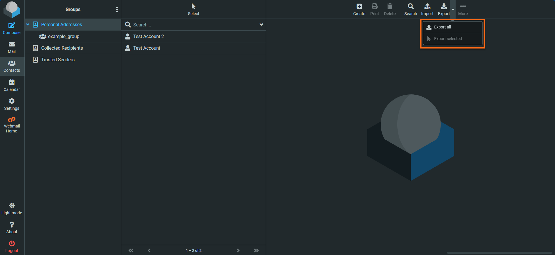 Roundcube - Contacts - Export options