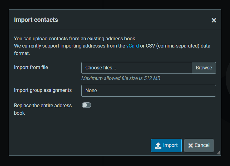 Roundcube - Contacts - Import contacts popup