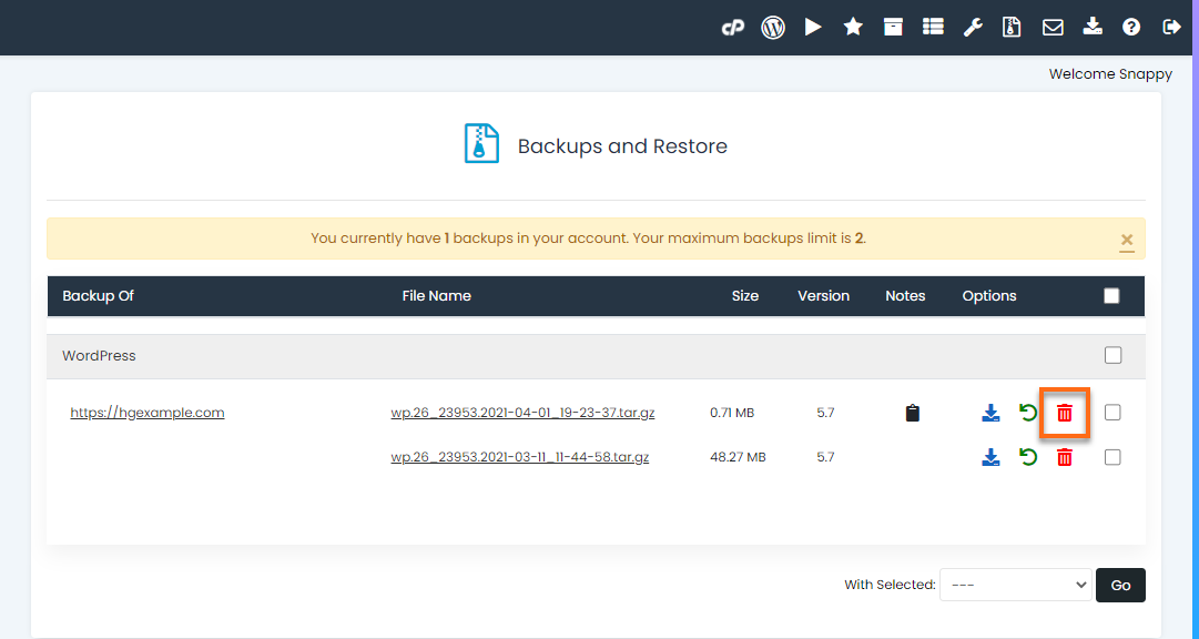 HostGator cPanel Softaculous Trash icon