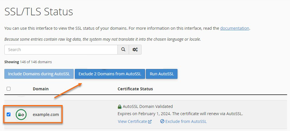 cPanel - SSL - Exclude Domains from AutoSSL