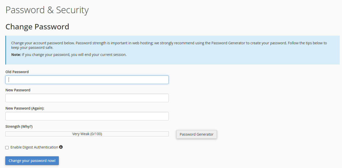 cPanel - Enter old and new passwords
