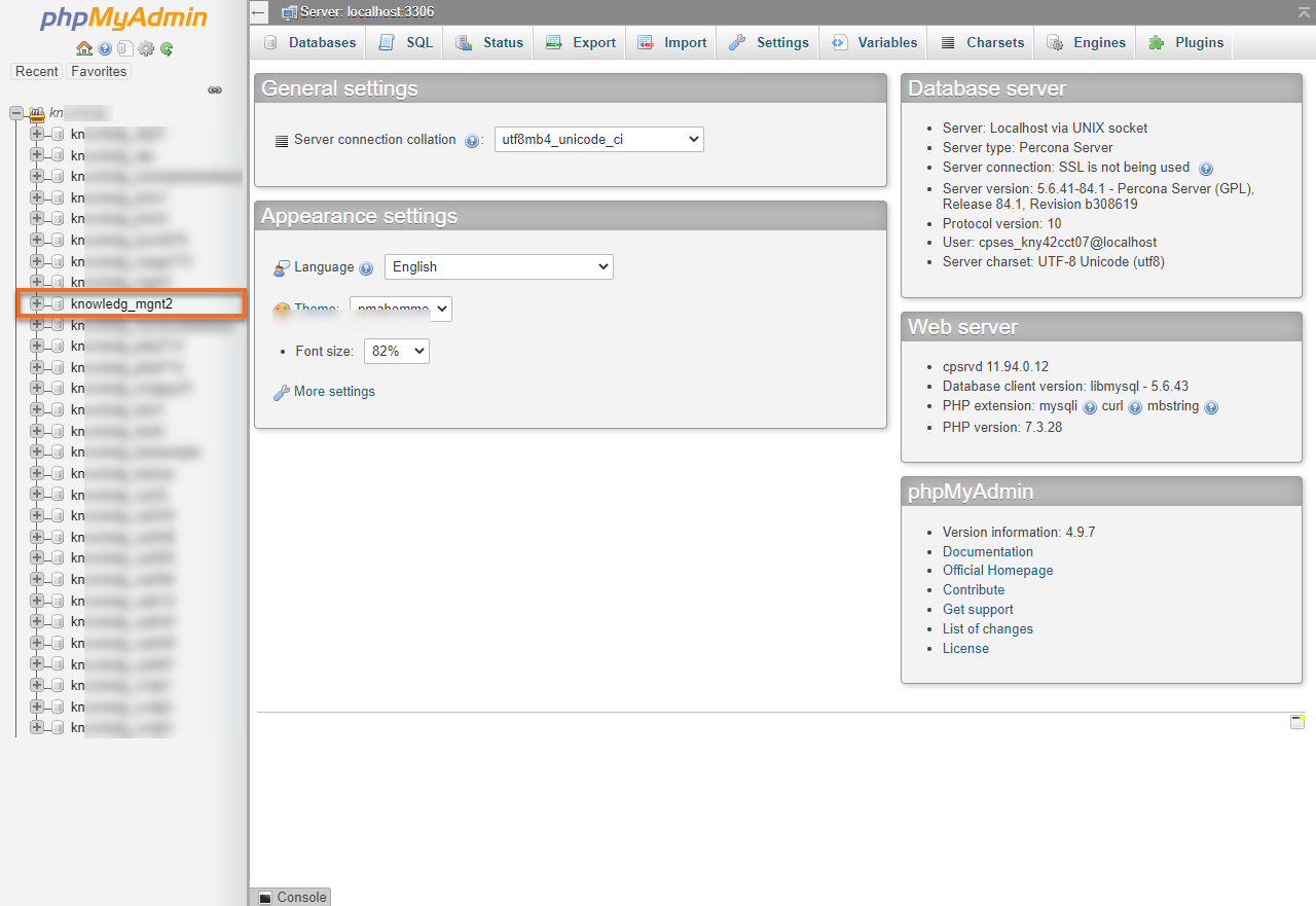 HostGator cPanel phpMyAdmin Database List