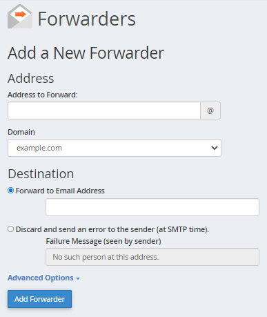 Email Forwarders - Enter Details