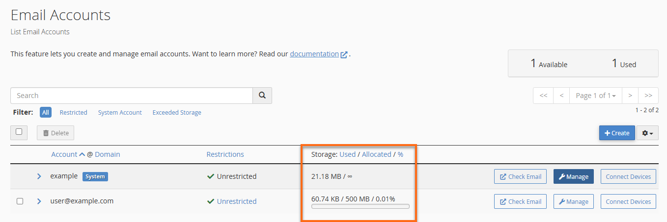 Email Accounts - Storage/Email Quota