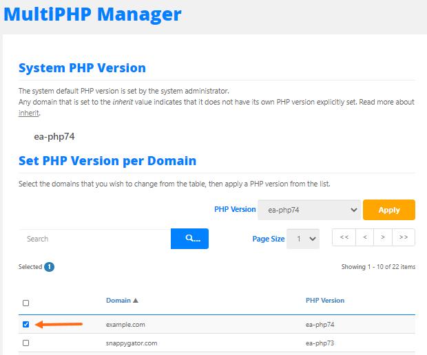 MultiPHP Manager Select Domain