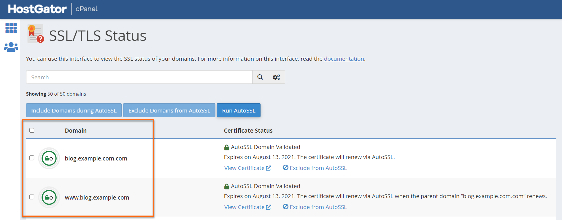 SSL TLS Domains Table