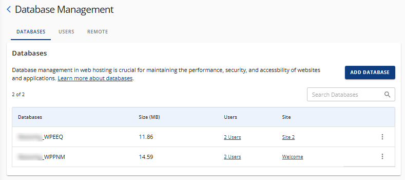 Manage MySQL Databases - Databases tab