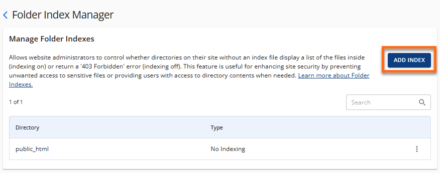 Manage indexes - Add Index button