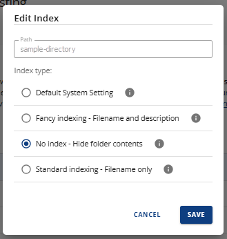 Manage indexes - Edit index pop-up