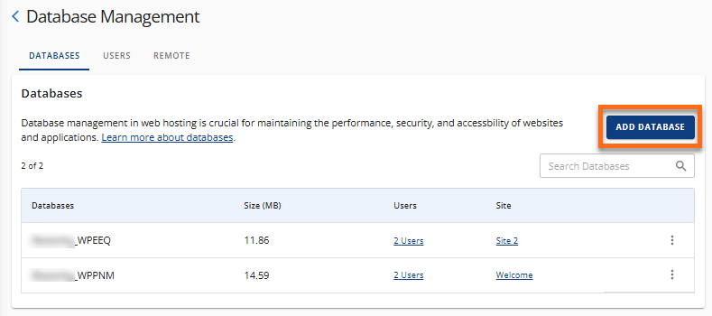 Manage MySQL Databases - Add Database button