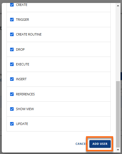Manage MySQL Databases - Add User button