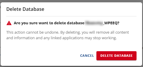 Manage MySQL Databases - Delete Database pop-up