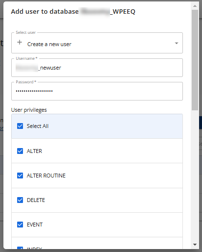 Manage MySQL Databases - Create a new user & select all privileges