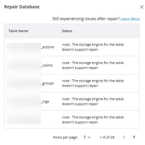Manage MySQL Databases - Repair database - No Issues