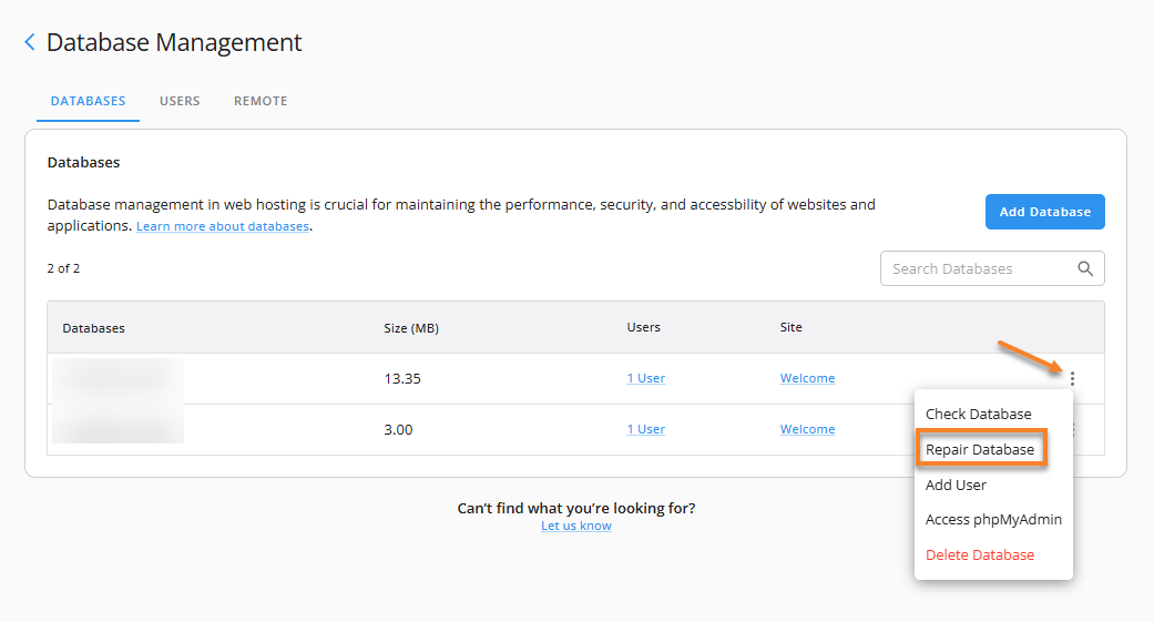 Manage MySQL Databases - Repair database
