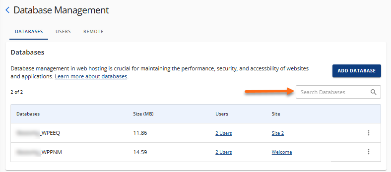 Manage MySQL Databases - Search box for a database