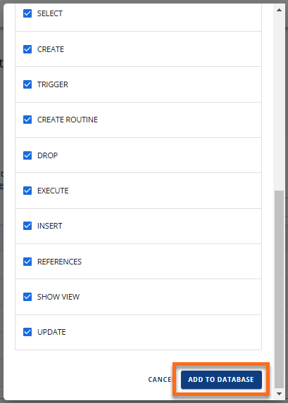 Manage MySQL Database Users - Add to Database button