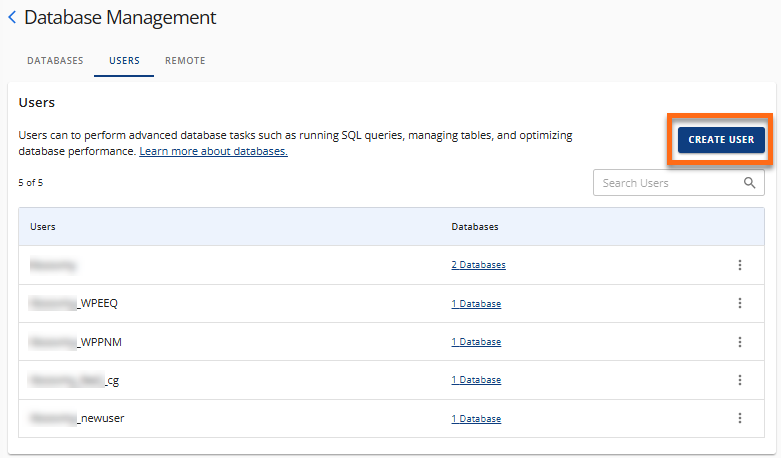 Manage MySQL Database Users - Create User button
