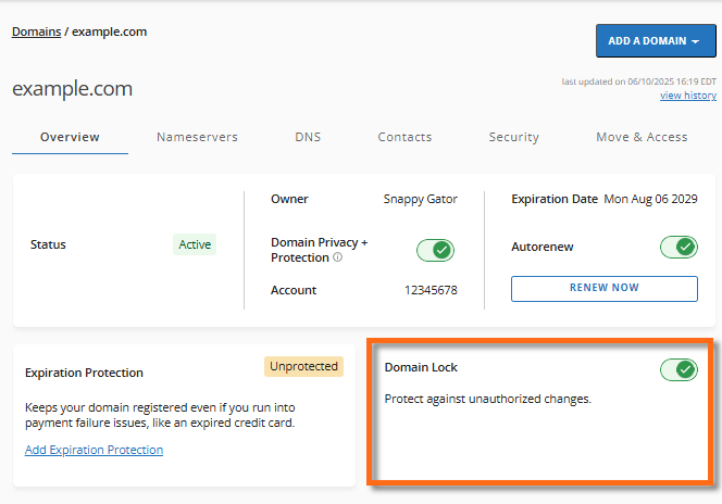 Lock or Unlock a domain - Domain Lock