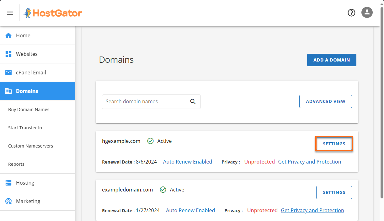 Customer Portal - Domains - Summary view