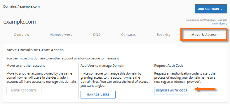 Move & Access tab - Request Auth Code