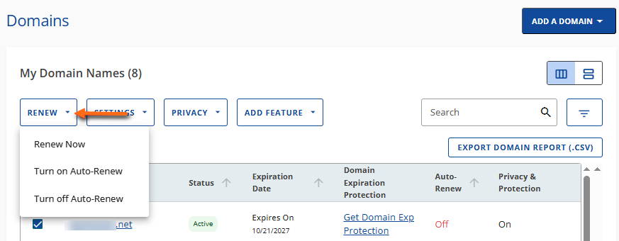Customer Portal - Domains tab - Renew