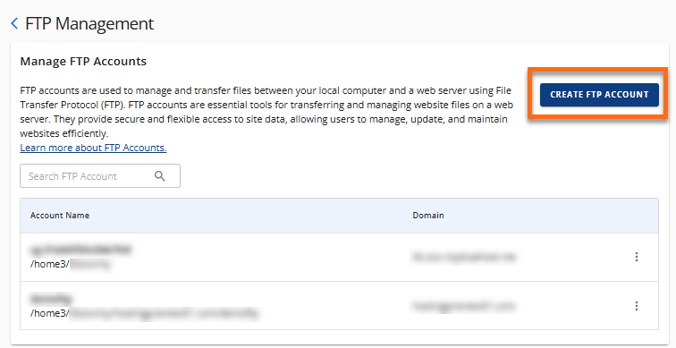 Manage FTP Accounts - Create FTP button