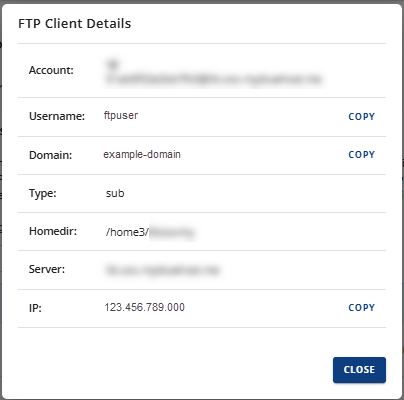 Manage FTP Accounts - FTP details