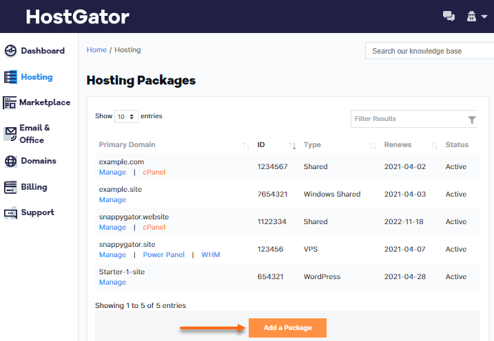 Customer Portal - Hosting tab - Add a Package
