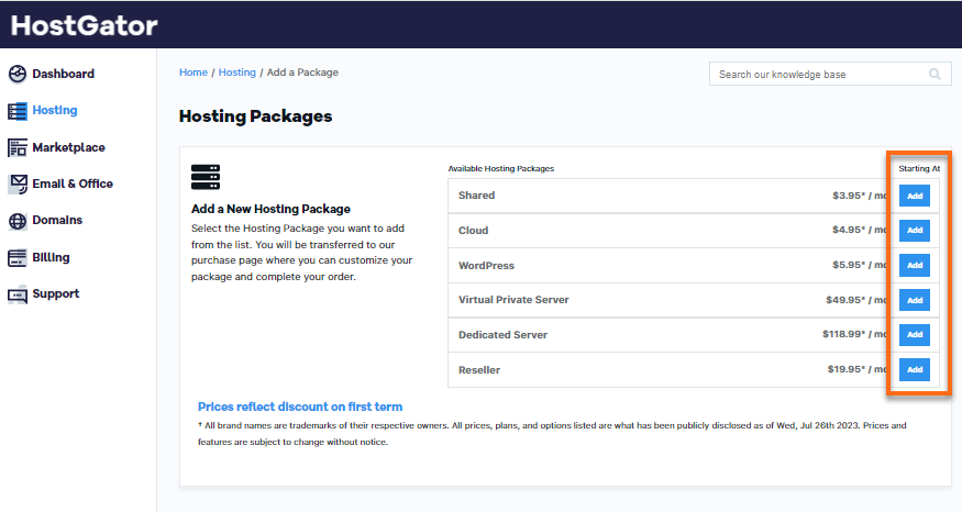 Customer Portal - Hosting Packages section - Add