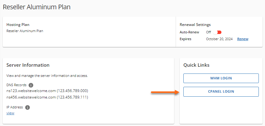 Reseller plan - Quick Links - cPanel Login button