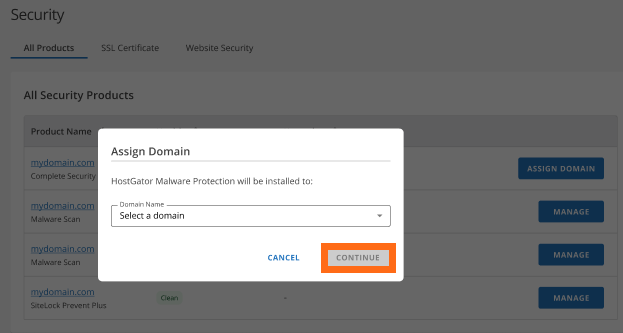 Customer Portal - Security tab - Complete Security - Assign Domain - Select Domain