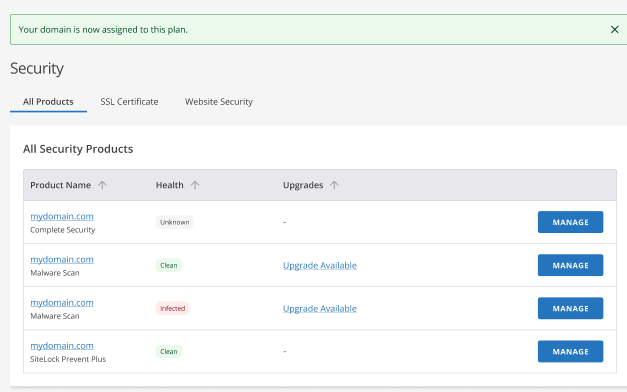 Customer Portal - Security tab - Complete Security - Assign Domain Confirmation - Successful