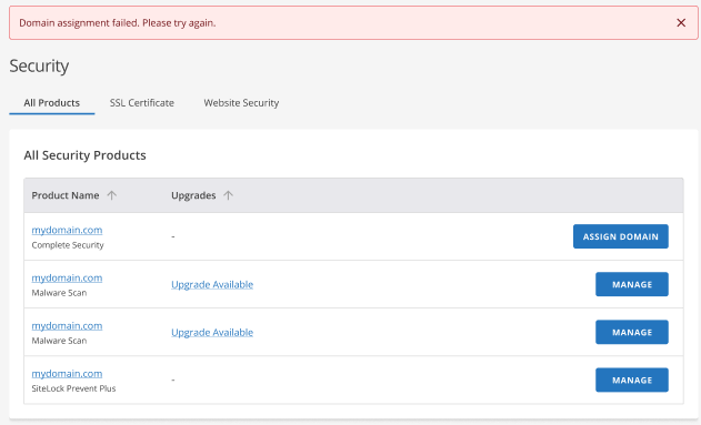 Customer Portal - Security tab - Complete Security - Assign Domain Confirmation - Unsuccessful