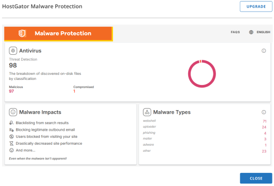 HostGator Malware Protection - Malware Scan & Clean Plan Dashboard