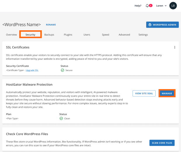 Customer Portal - Website tab - Security - Manage