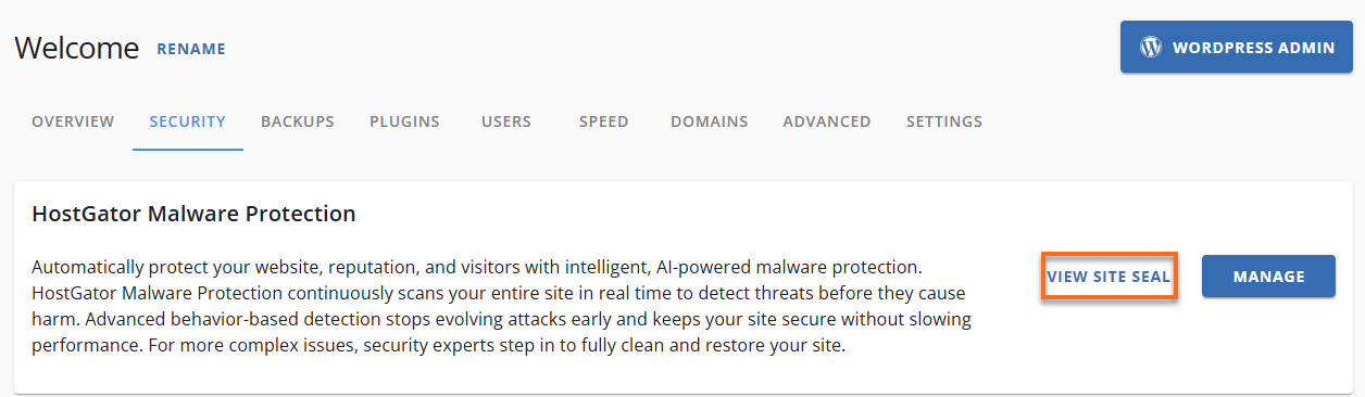 Customer Portal - Website tab - Security - View Site Seal