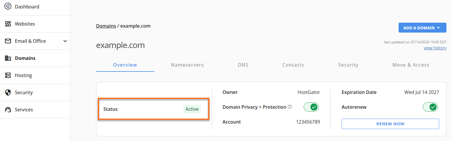 Customer Portal - Domains section