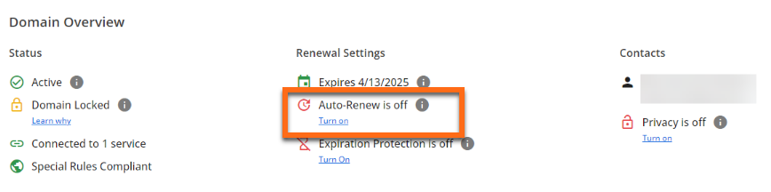 Customer Portal - Domains Overview - Turn on Auto-Renew