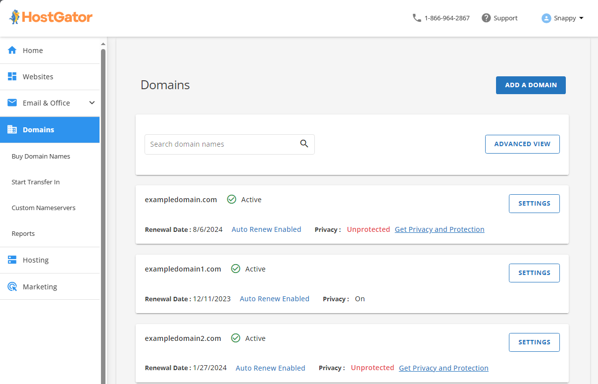 HostGator Customer Portal Manage Domains