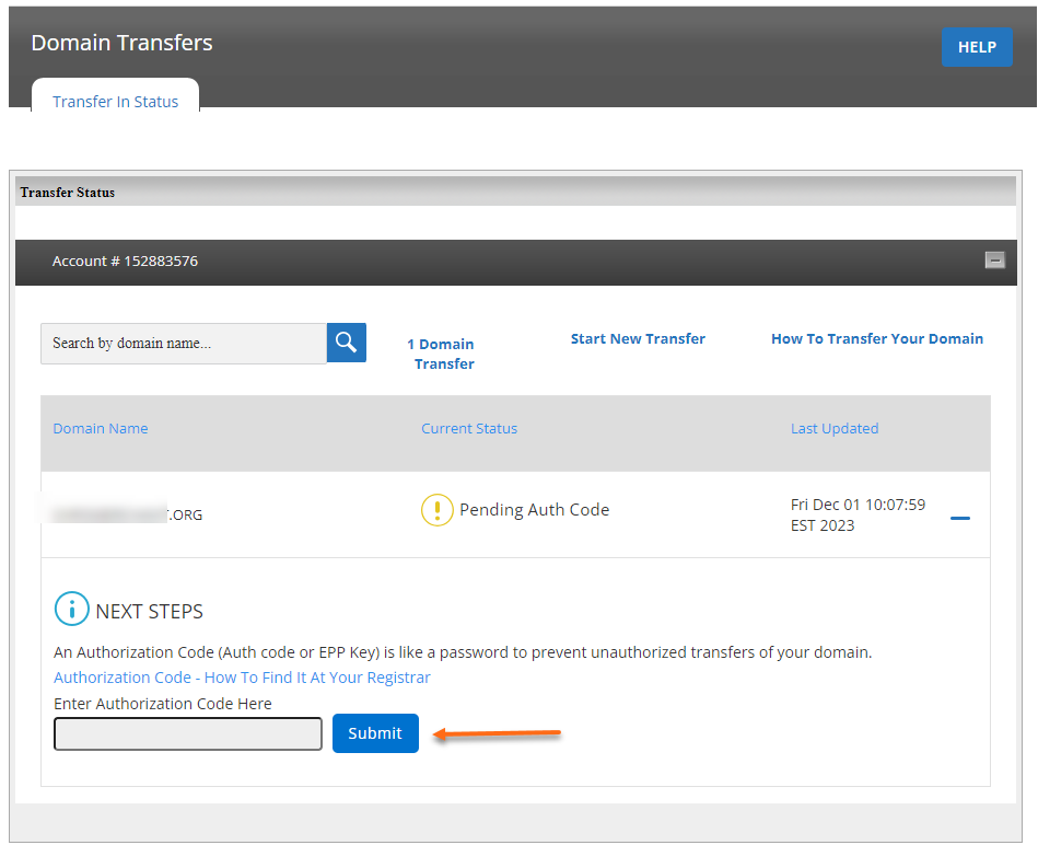 Customer Portal - Domains - Transfer Status - Enter EPP code